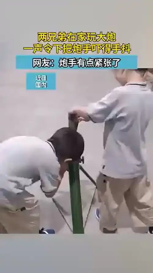  两兄弟在家玩大炮,一声令下把炮手吓得手抖,网友炮手有点紧张了人类幼崽