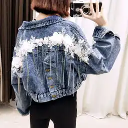  2019春装新款韩版立体花朵刺绣链条流苏宽松蝙蝠袖牛仔短款外套女
