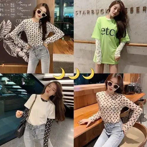  ins泫雅风少女网纱上衣夏修身显瘦百搭月亮薄款防晒长袖打底衫t恤