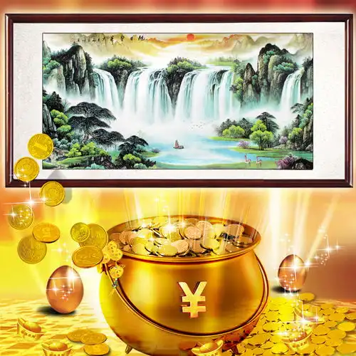  风水靠山聚宝盆鸿运当头国画山水画招财办公室字画挂画客厅装饰画