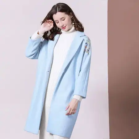  熤笙靘外套2019秋冬新款欧美女装轻熟风刺绣花中长款宽松大衣毛呢外套女67168