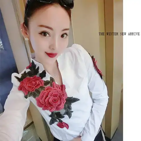  刺绣立体花t恤女长袖韩版修身春秋2020新款立领衬衫花朵大码套头