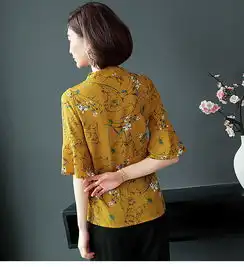  施悦名2019新款韩版夏季印花衬衫女士短袖大码女装雪纺立领时尚上衣女