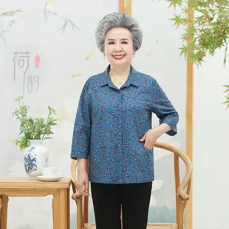  洋湖轩榭中老年女夏装七分袖衬衫妈妈t恤棉上衣大码老年人衣服奶奶全棉a