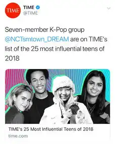  nctdream被时代周刊评为2018最具影响力25组青少年之一