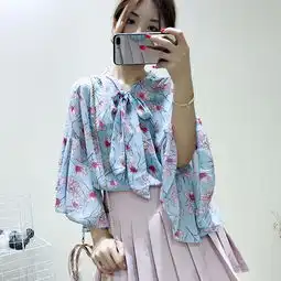  施悦名2019韩版新款清新甜美淑女花朵绑带v领喇叭袖雪纺衫