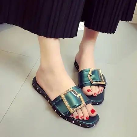  欧美时尚金属扣拖鞋女夏季平跟凉鞋防滑室内外一字凉拖沙滩鞋图片大全邮乐官方网站