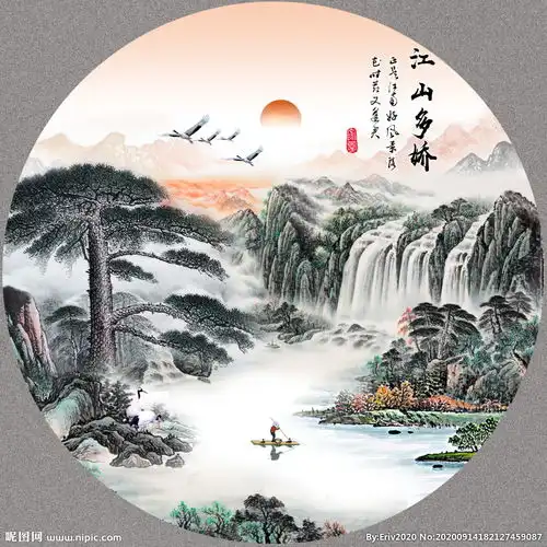  圆形装饰画挂画圆形水墨山水画图片