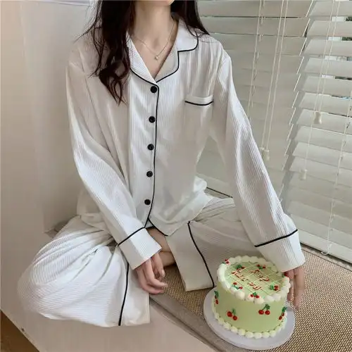  棉质睡衣少女长袖韩系纯色坑条春秋季简约ins学生冬天家居服套装