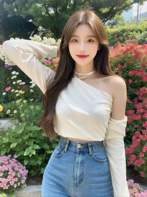  美女真人花丛中的梦幻邂逅淡雅少女与缤纷花海的绝美交融