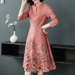  洋湖轩榭2019年秋装新款妈妈装印花长袖中长款高贵麂皮绒过膝裙子a