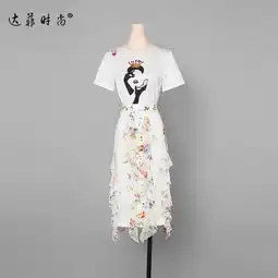  2019夏装新款欧美时尚气质印花短袖宽松高腰荷叶蕾丝碎花半裙套装
