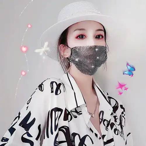  网红带钻口罩装饰镶钻明星同款潮夏季薄款女透气网格夜店钻石亮钻