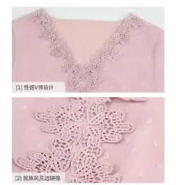  施悦名磨花波点面料2019春夏新品女装蕾丝花边v领短袖雪纺连衣裙