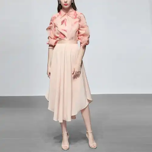 2019春装新款欧美时尚复古方领荷叶边印花衬衣不规则大摆半裙