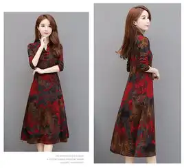  印花连衣裙秋装女2019新款春装韩版洋气显瘦v领大码长款过膝a字裙