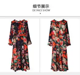  施悦名重磅真丝连衣裙2019新款春季印花中长款长袖高档双绉桑蚕丝