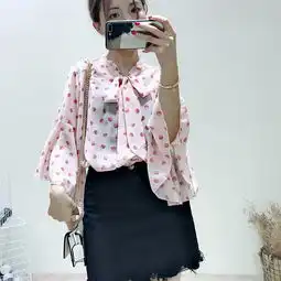  施悦名2019韩版新款清新甜美淑女花朵绑带v领喇叭袖雪纺衫