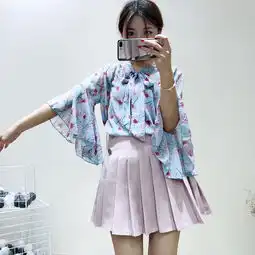 施悦名2019韩版新款清新甜美淑女花朵绑带v领喇叭袖雪纺衫