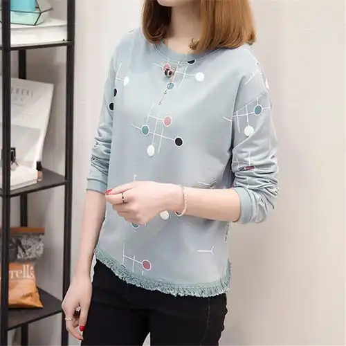  春秋季新款韩版流苏甜美女上衣服秋衣长袖t恤女百搭外穿内搭小衫