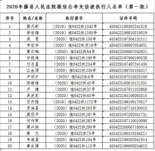  藤县法院微信公布失信被执行人名单2020年第一批有人欠112万,有人欠2025元