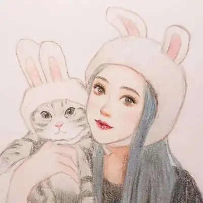  手绘抱猫女头.精致.唯美.意境.原女生头像我要个性网