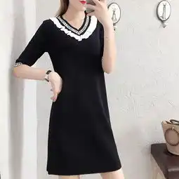  女装2019夏季新款花朵装饰木耳领拼接短袖连衣裙