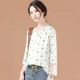  汤河店韩版印花衬衫女2019新款复古衬衣休闲显瘦v领春装上衣潮