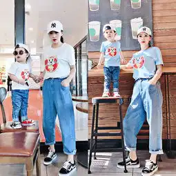  罗町2019年夏装新款童装亲子装卡通图案全棉针织三色可选亲子装一家三口四口外出t恤亲子装乳白色110cm蜜芽,中国领先的进口母婴限时特卖商城
