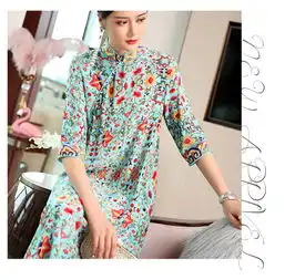  汤河店深圳精品女装欧美2019夏季新款立领中袖旗袍印花真丝连衣裙女