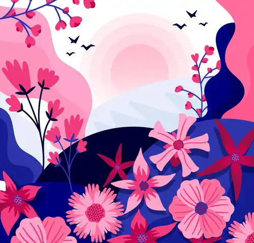  抽象山坡上的花卉风景矢量素材
