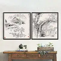  二联水墨树木山水风景有框无框装饰画图片设计素材高清模板下载15.66mb山水装饰画大全