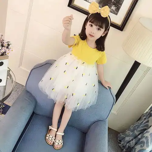  女童短袖连衣裙2019夏装新款洋气宝宝拼接网纱裙儿童菠萝公主裙