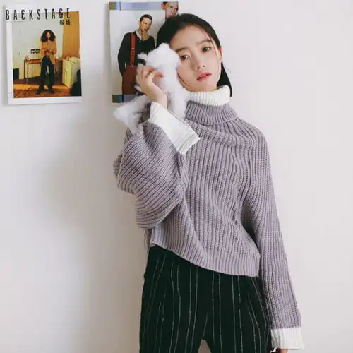  某冬装文艺甜美小清新撞色高领套头毛衣女前堆糖,美图壁纸兴趣社区