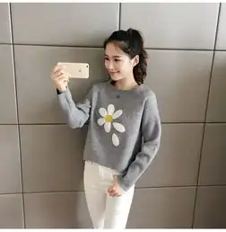  2019新款女装花朵韩版毛衣女套头春秋季宽松短款针织打底衫学院风